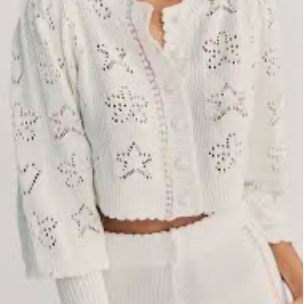 LoveShackFancy Lata White Knit Star Pattern Cardigan